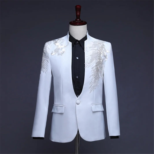 Two-piece Stand Collar Appliqued Men White Suits for Prom Wedding Award Ceremony Blue Red Purple Jacket