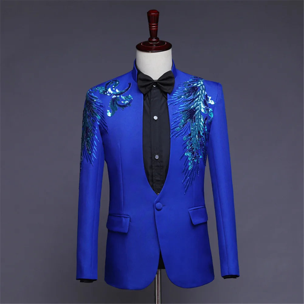 Two-piece Stand Collar Appliqued Men White Suits for Prom Wedding Award Ceremony Blue Red Purple Jacket