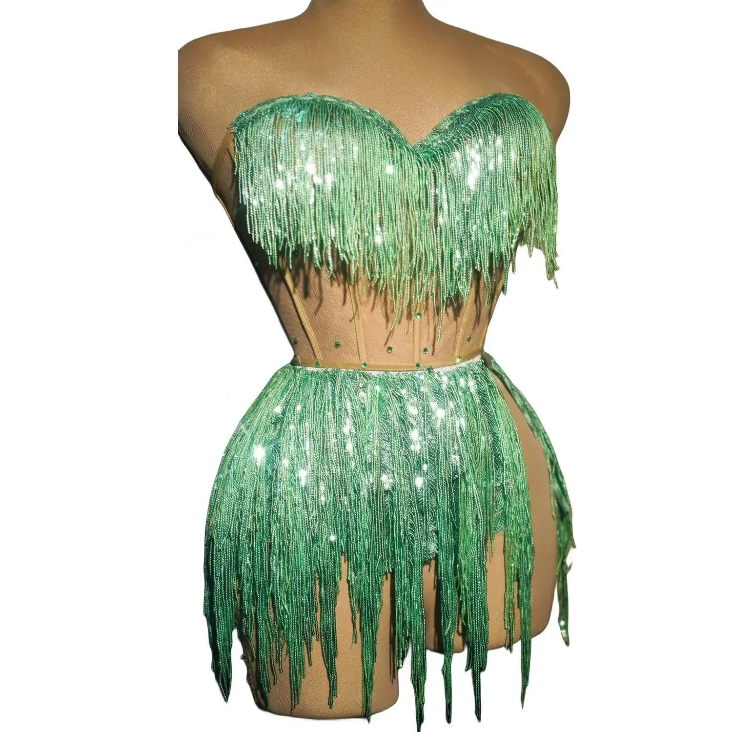 Women Green Sequin Tessel Costume Set Bling Stage Dancewear ShiningTassel Sexy Party Bra Pole Dance Dress Short Set