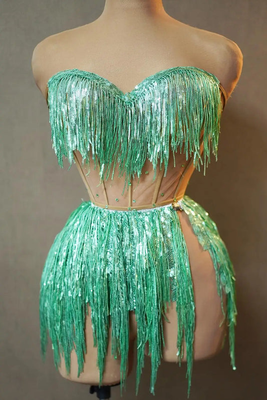 Women Green Sequin Tessel Costume Set Bling Stage Dancewear ShiningTassel Sexy Party Bra Pole Dance Dress Short Set