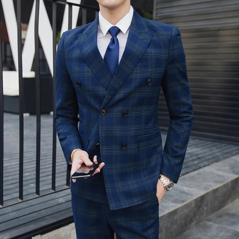 High-quality Thin Men (suit + Vest + Trousers) Wedding Handsome Double-breasted Plaid Suit Set Three Pieces