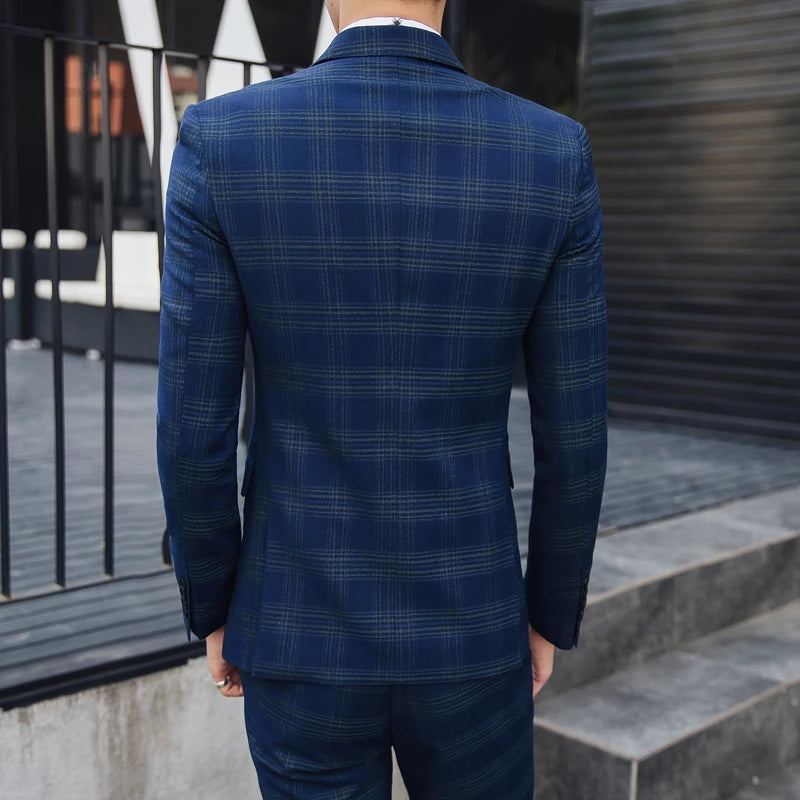Costume trois pièces à carreaux croisé pour homme (costume + gilet + pantalon) de haute qualité
