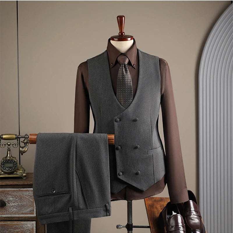 Costume Costume Homme Affaires Loisirs Gilet Pantalon Manteau Double Boutonnage Slim Professionnel Robe.