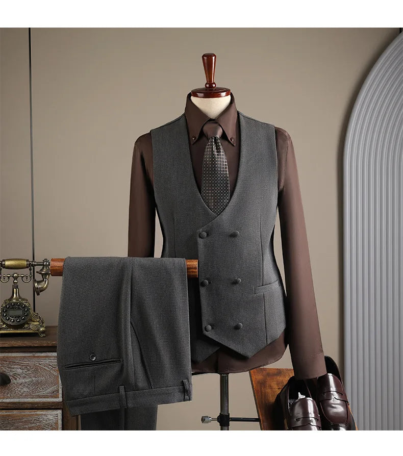 Costume Costume Homme Affaires Loisirs Gilet Pantalon Manteau Double Boutonnage Slim Professionnel Robe.