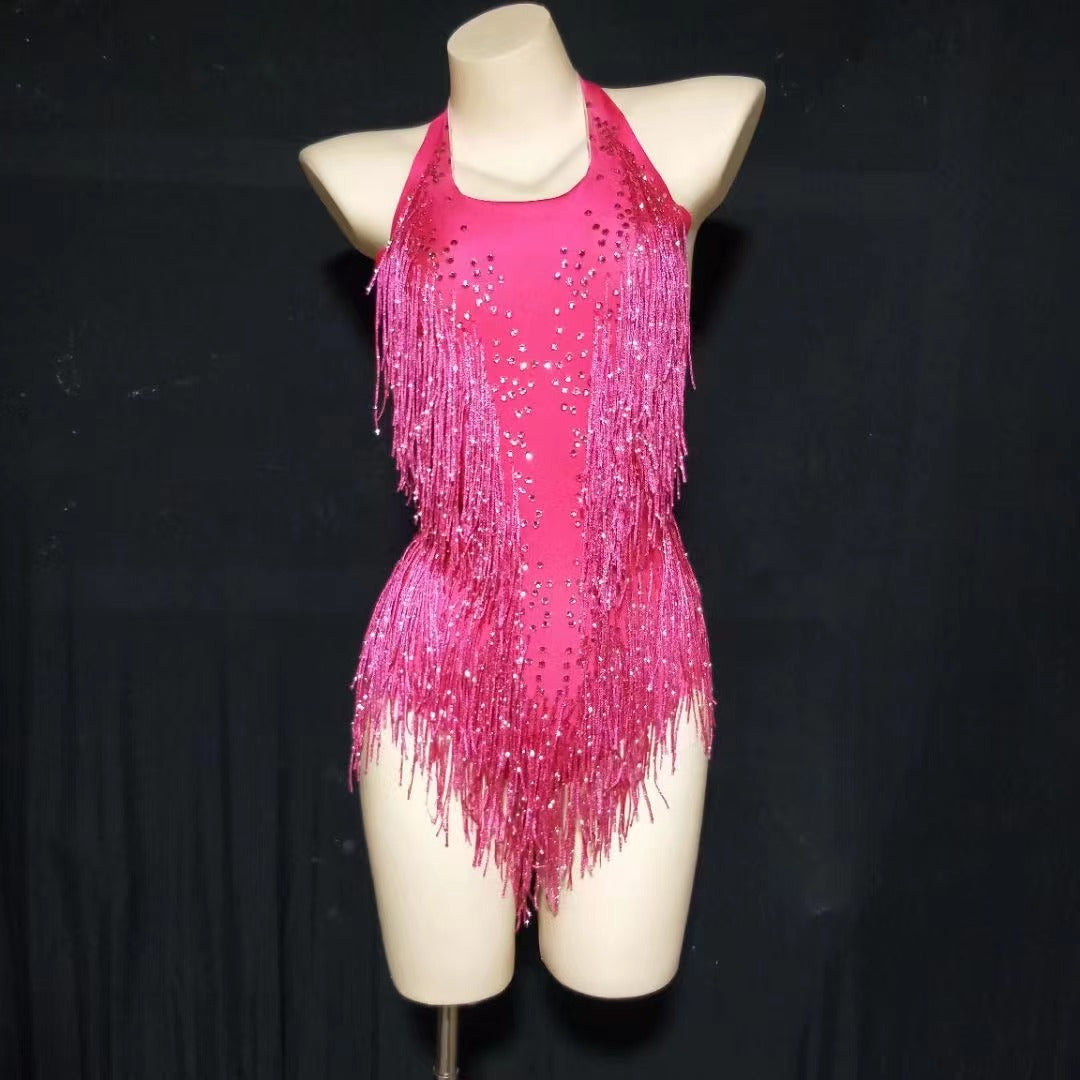 Body morado con flecos de lentejuelas y borlas para baile latino, disfraz de pole dance para escenario, fiesta, club y actuación. 