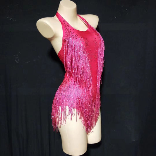 Body morado con flecos de lentejuelas y borlas para baile latino, disfraz de pole dance para escenario, fiesta, club y actuación. 