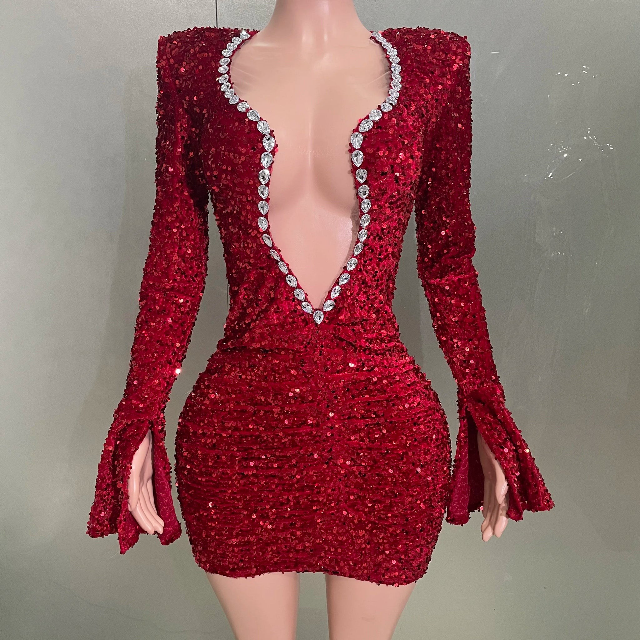 Sexy Shiny Red Sequins Rhinestones Sheath Mini Dress Women Evening Birthday Party Nightclub Performance Custome Stage Wear