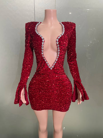 Sexy Shiny Red Sequins Rhinestones Sheath Mini Dress Women Evening Birthday Party Nightclub Performance Custome Stage Wear