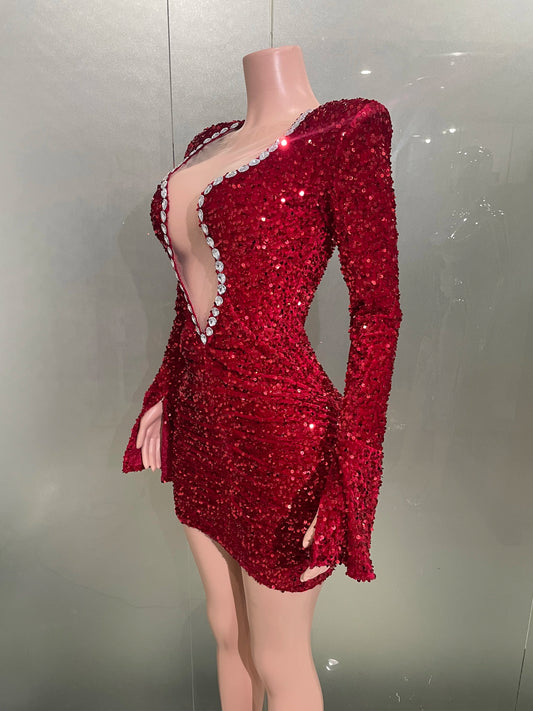 Sexy Shiny Red Sequins Rhinestones Sheath Mini Dress Women Evening Birthday Party Nightclub Performance Custome Stage Wear