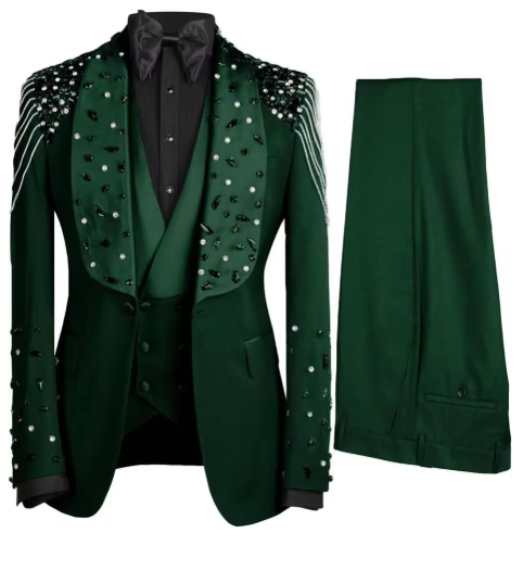 Luxury Crystals Beaded Lapel Men Suits 3 Pieces Sets Groom Wedding Tuxedos Customized Trajes Para Hombre Slim Male Prom Blazer