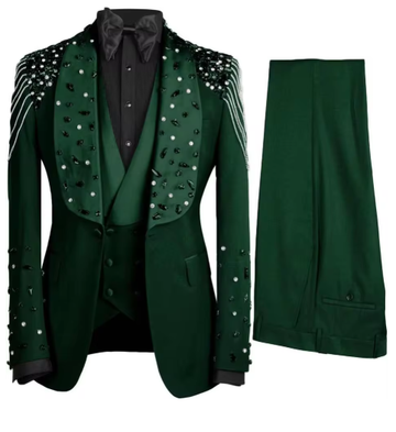 Luxury Crystals Beaded Lapel Men Suits 3 Pieces Sets Groom Wedding Tuxedos Customized Trajes Para Hombre Slim Male Prom Blazer