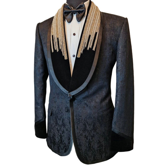 Costume deux pièces noir en jacquard pour homme, avec appliques dorées, blazer de soirée, tenue de marié (veste + pantalon)