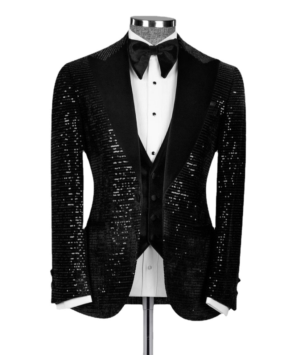 Elegant Groom Suits For Men Wedding Tailored Made Shinny Sequins Blazer Velvet Vest Formal Male Business Tuxedo