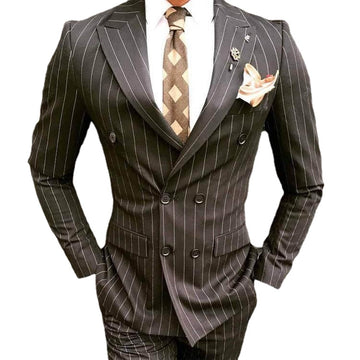 Pinstripe Wedding Men Suits Peaked Lapel Double Breasted Groom 2 Piece Best Man Formal Blazer (Jacket+Pants)