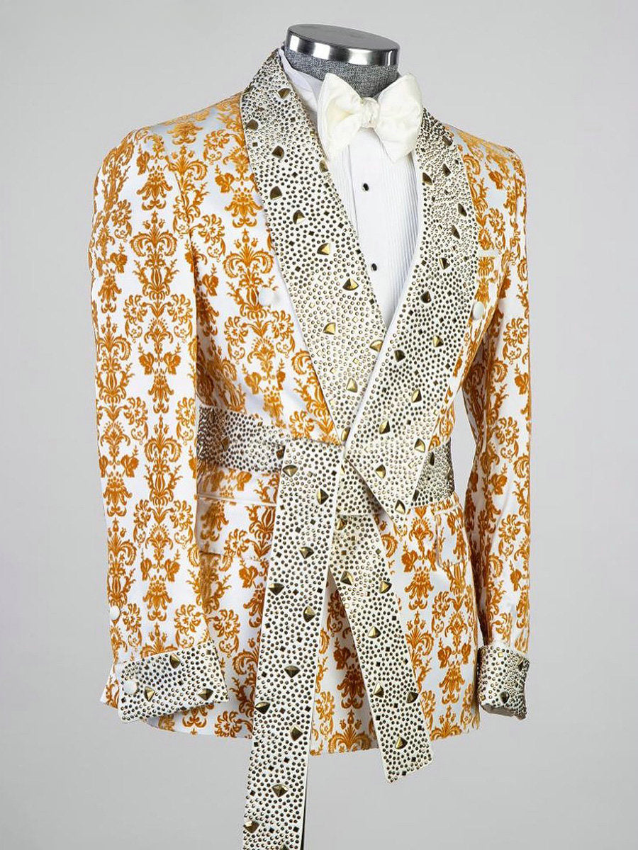 Traje de fiesta de noche con estampado dorado para hombre, blazer de dos piezas con cristales brillantes, traje de novio (chaqueta + pantalón)