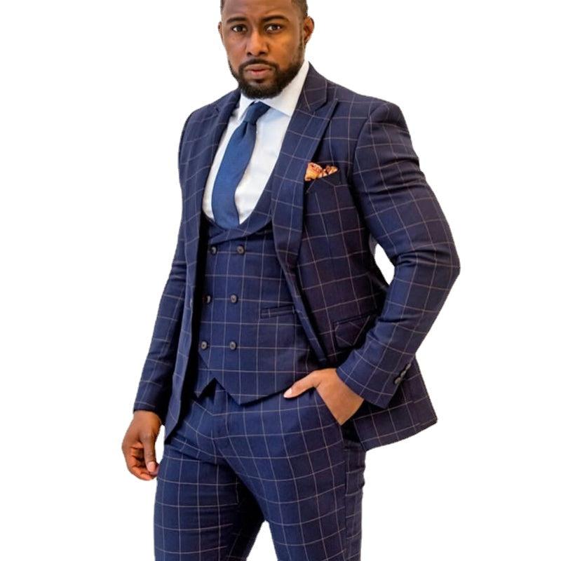 Navy Check men 3 Piece Suit Plus Size Classic Plaid Groom Men Business Pants Suits Tailored Fit Prom Party Wedding Tuxedos