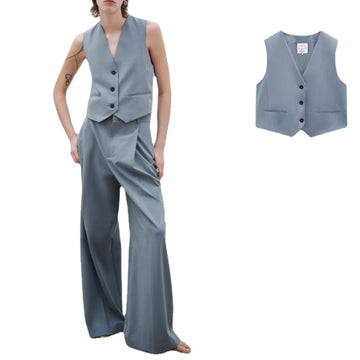 Sleeveless Women Suits Set 2 Pcs Vest Tops+Straight Wide Leg Pants Blue Grey Cotton Formal Office Suit Casual Wear