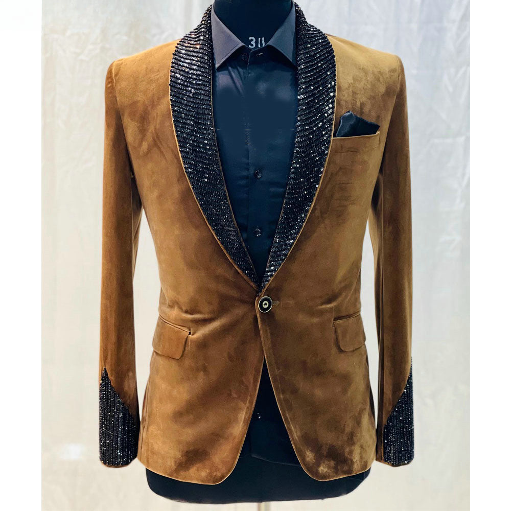 Khaki Velvet Groom Wear Formal Men Suits Black Beading Crystal 2 Piece Jacket Pants Sets Smart Casual Business Blazer