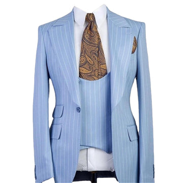 Costume Homme Light Blue Stripe Men Suits 3 Pieces One Button Peak Lapel Casual Groom Wedding  Slim fit Blazer