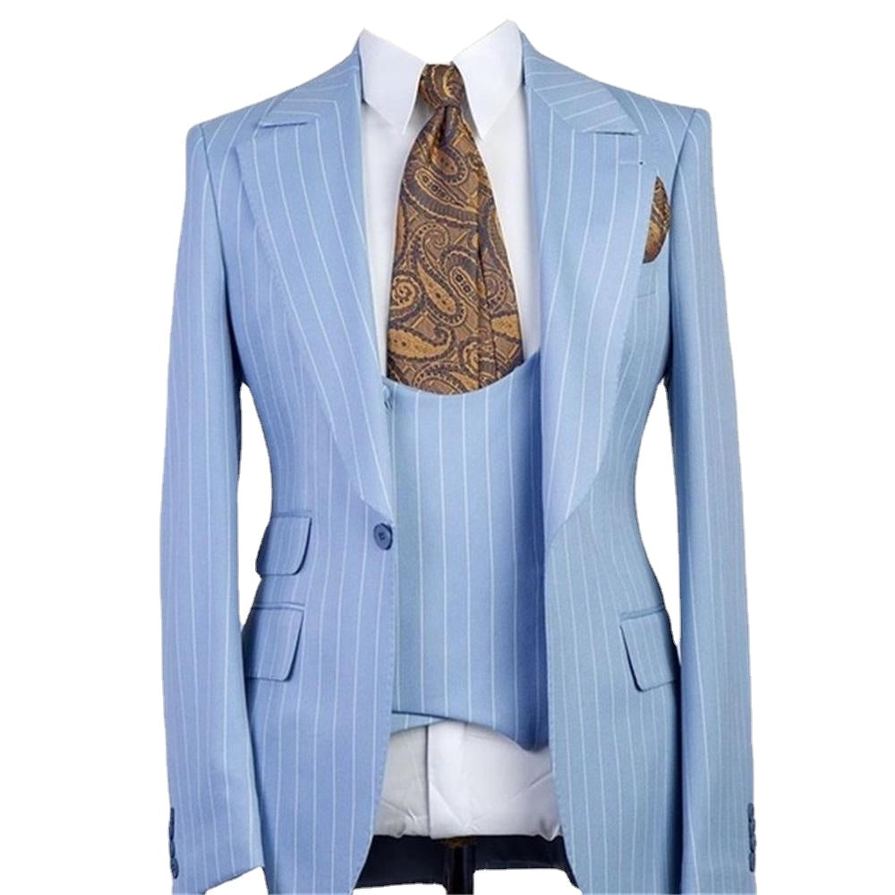 Costume Homme Bleu Clair À Rayures Hommes Costumes 3 Pièces Un Bouton Revers en Pointe Décontracté Marié Mariage Slim Fit Blazer 