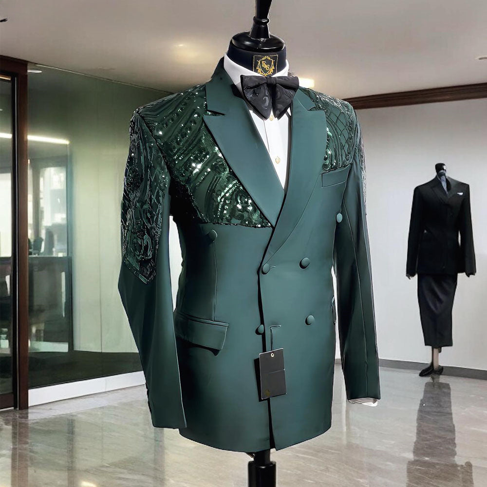 Emerald Green Sequined Appliques Blazers Men Suits Fashion Banquet 2 Piece Business Jacket Pants Trousers