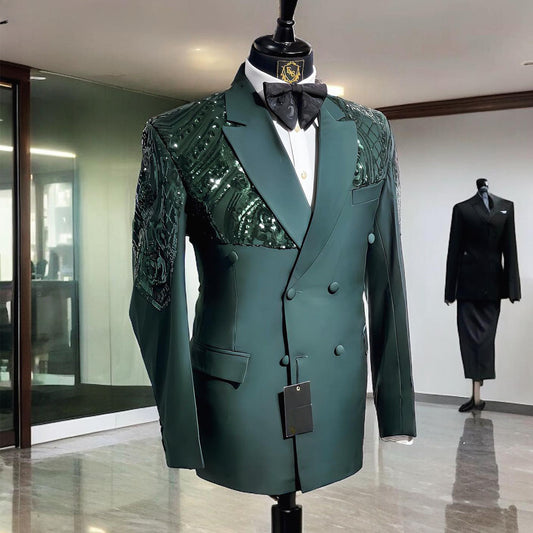 Blazers con apliques de lentejuelas verde esmeralda para hombre, trajes de moda para banquetes, chaqueta de negocios de 2 piezas, pantalones.