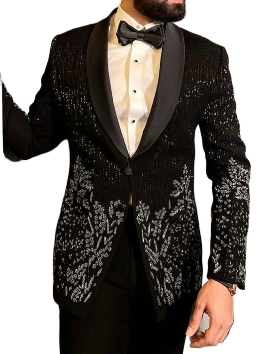 Costume deux pièces noir pour homme, veste et pantalon à paillettes, avec perles en cristal