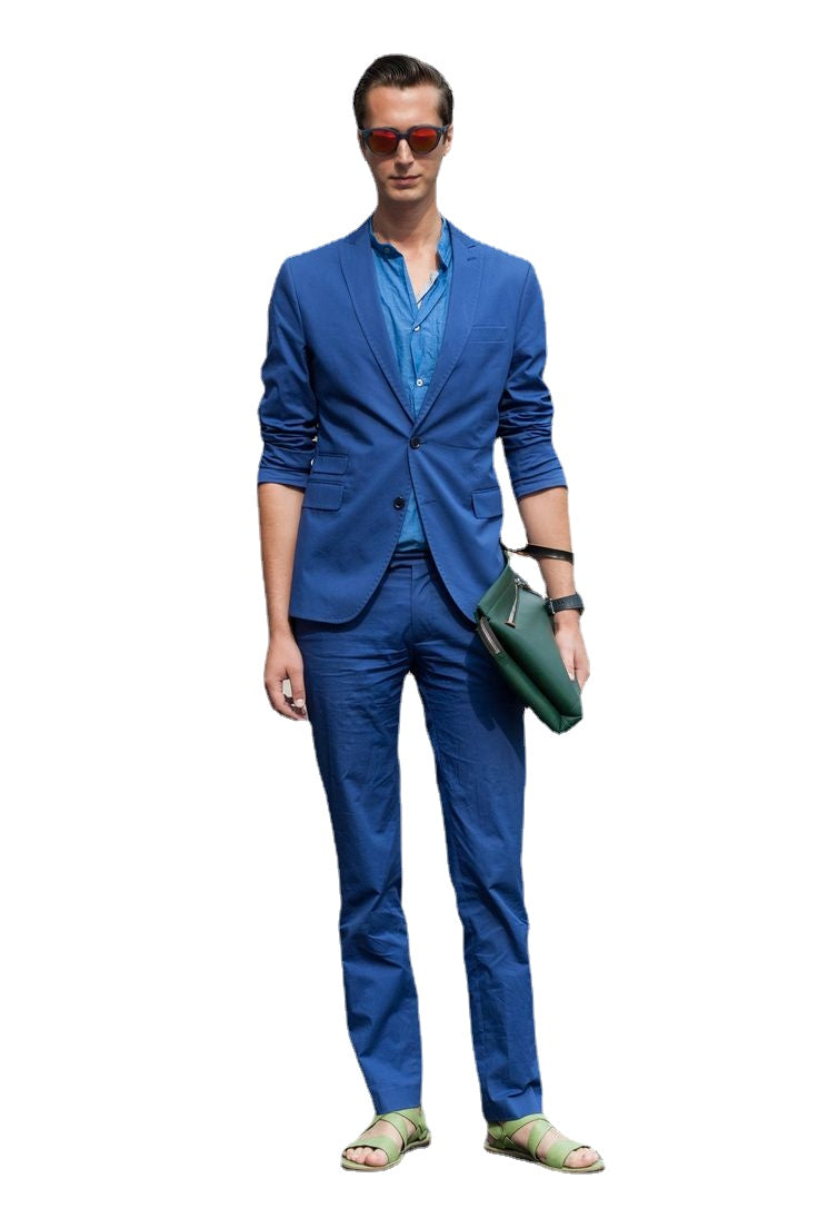 Traje de hombre de dos botones con solapa azul, 2 piezas (chaqueta, pantalón y corbata), esmoquin de verano para padrinos de boda, graduación, blazer ajustado.