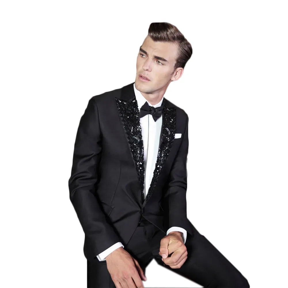Smoking de mariage noir 2 pièces pour homme, veste à revers pointu et pantalon à paillettes, personnalisé, costume de marié, tenue de soirée pour homme