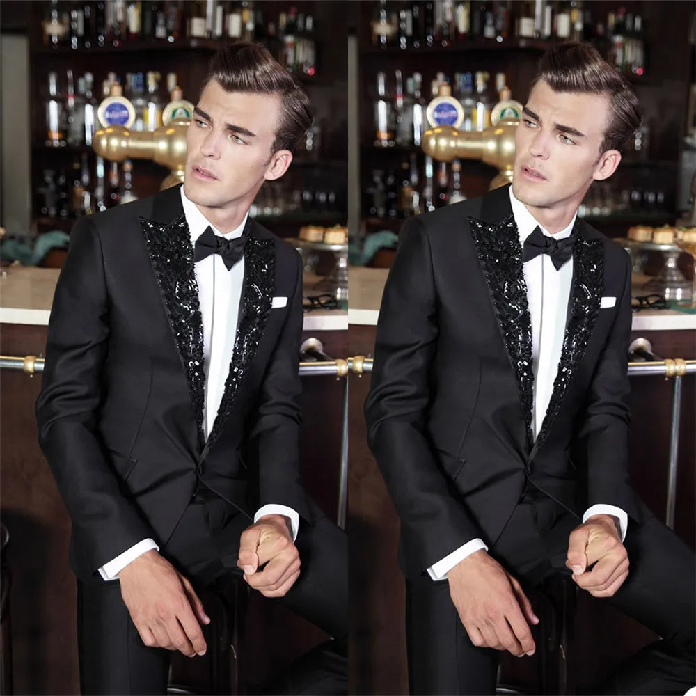 Smoking de mariage noir 2 pièces pour homme, veste à revers pointu et pantalon à paillettes, personnalisé, costume de marié, tenue de soirée pour homme
