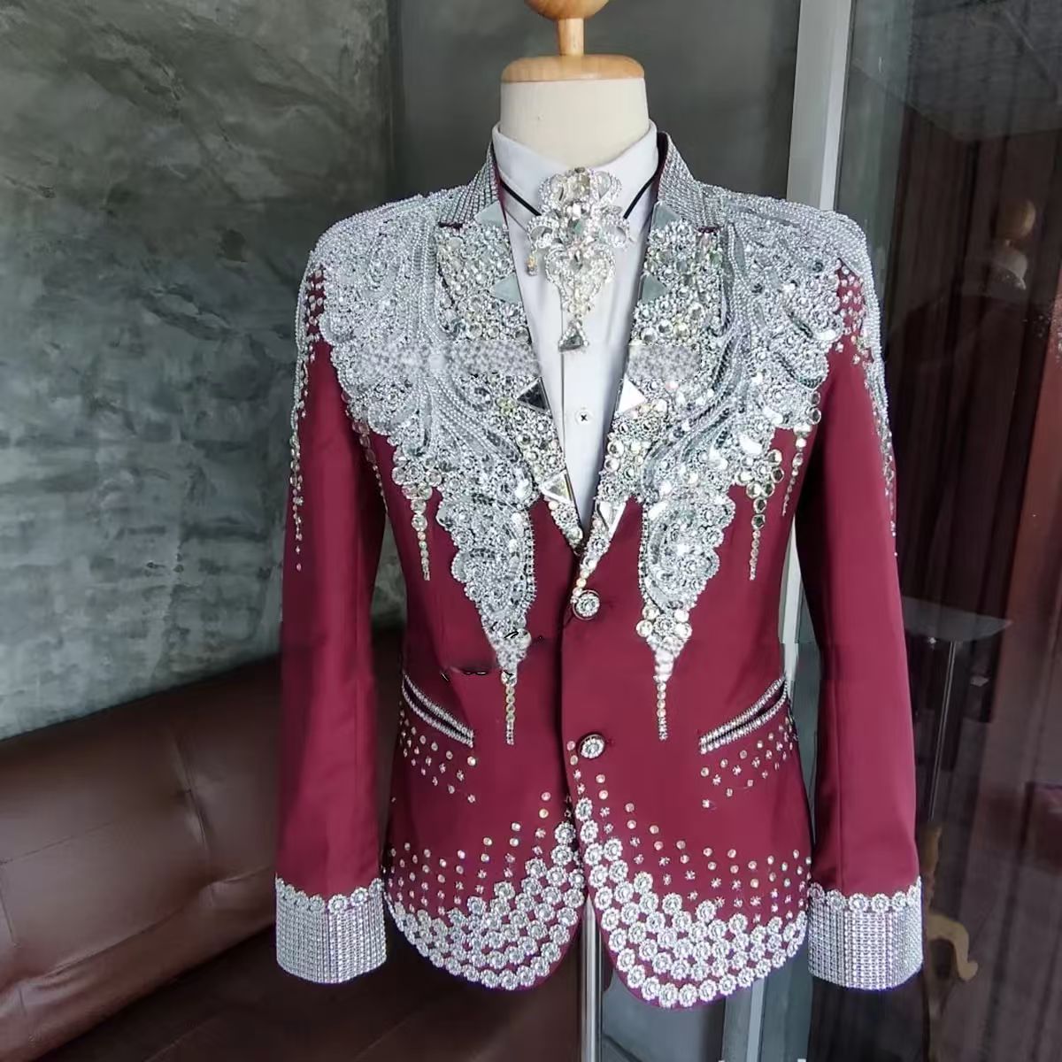 Sparkle Gem Crystals Groom Tuxedos Slim Fit Luxury Male Prom Party Blazers 2 Pieces Sets Men Suits for Wedding