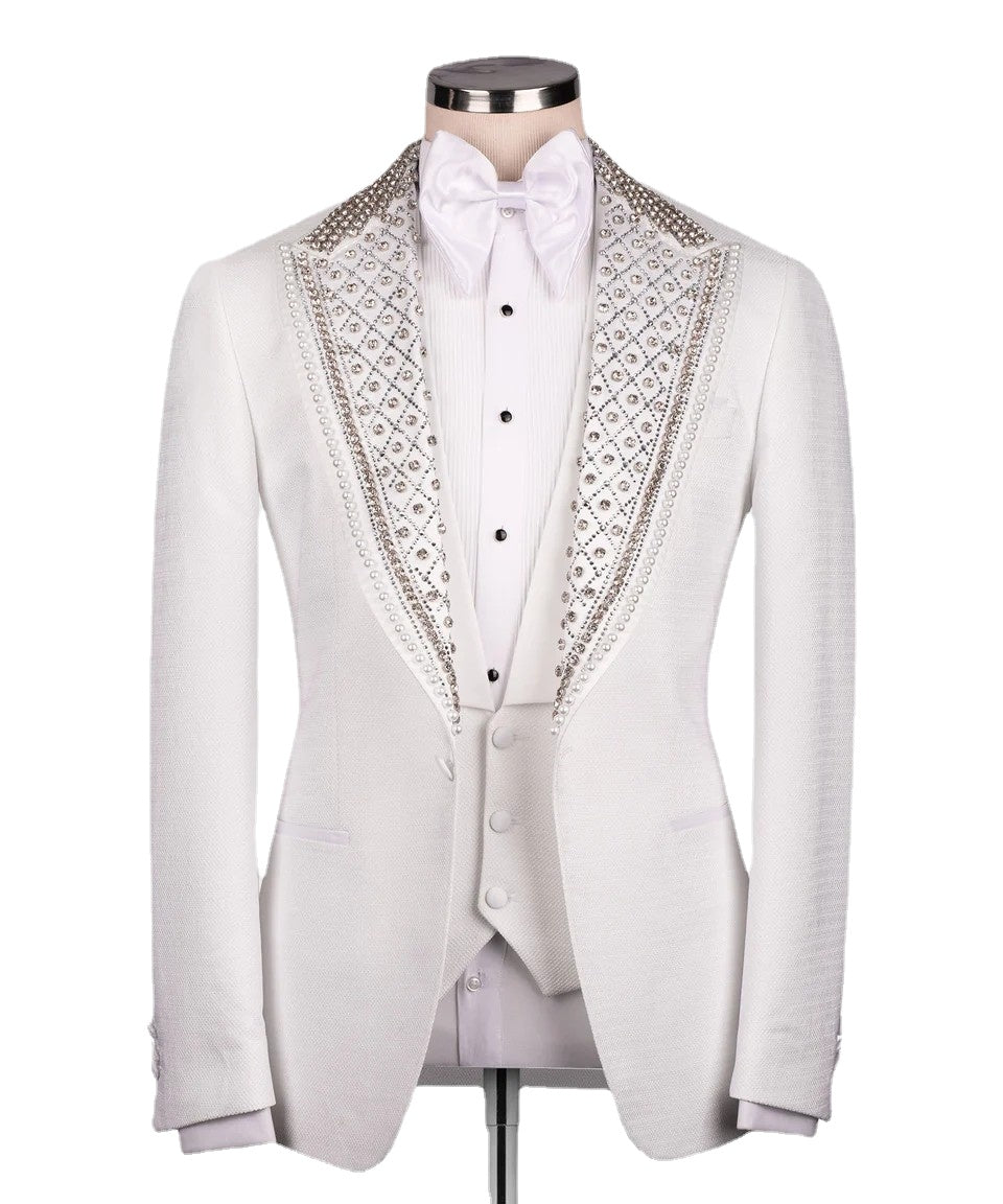 Esmoquin de boda de lujo de Dubái, traje formal blanco para novio, corte entallado, con cuentas de cristales, blazer, chaleco, pantalón, traje para boda, graduación y fiesta.