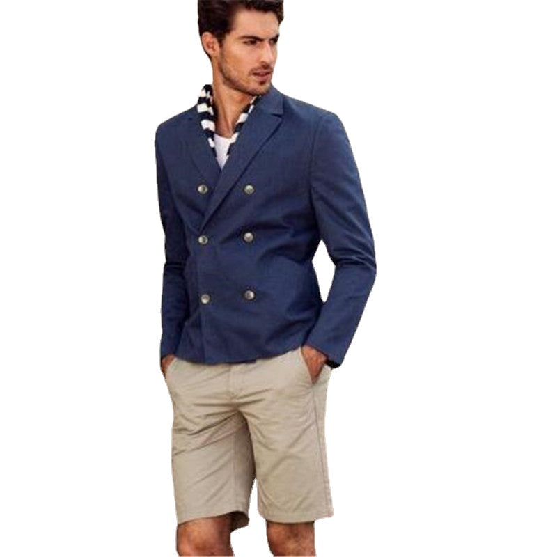 Costume homme bleu marine croisé style été avec pantalon court 2 pièces (veste + pantalon) et blazer sur mesure 