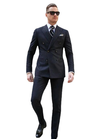 Black Stripe Men Business Suits With Pants Double Breasted 2 Piece Stripe Groom Wedding Tuxedo Slim Fit Formal Suit