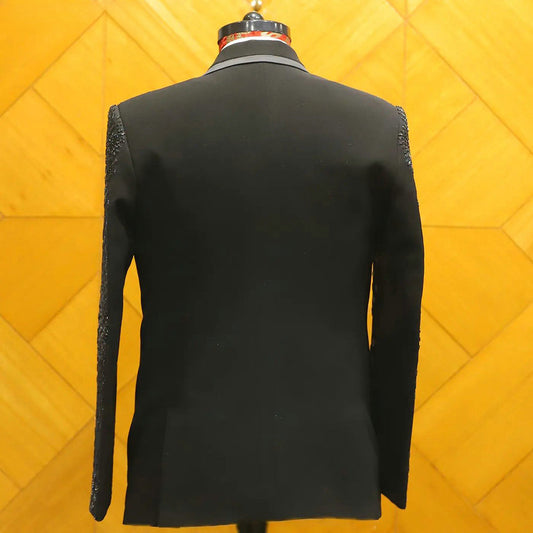 Costume 3 pièces noir fait main avec perles, blazer et pantalon pour homme, smoking, haute couture, mariage, bal, grande taille, sur mesure