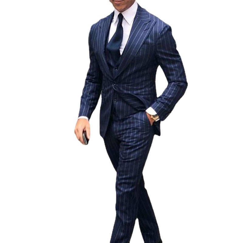 Costume 3 pièces bleu marine à rayures pour homme, coupe slim, smoking de mariage, bal de promo, costume sur mesure avec pantalon