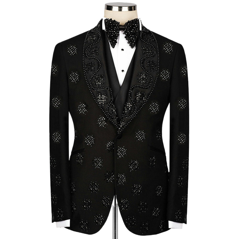 Black Pearls Beading Crystal Groom Wear Formal Men Suits 2 Piece Jacket And Pants Sets Smart Casual Business Blazer