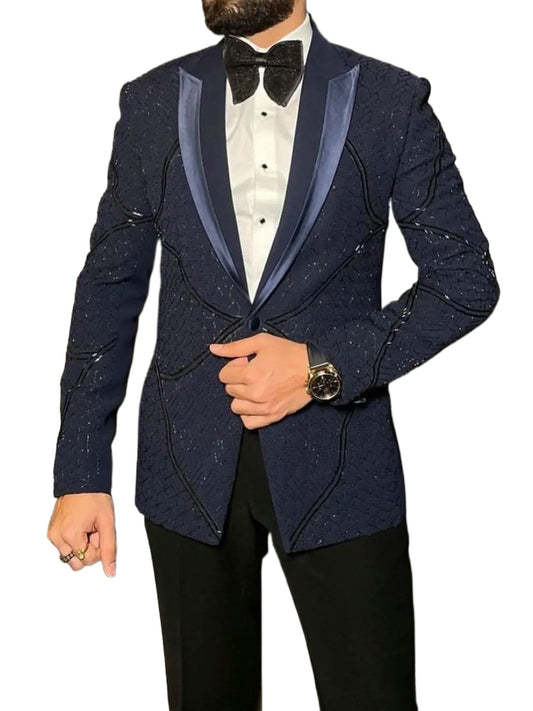 Traje de hombre de dos piezas con lentejuelas de cristal azul marino (chaqueta + pantalón)