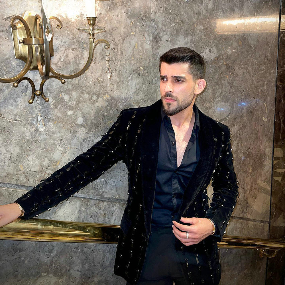 Costume 2 pièces noir avec perles de cristal pour homme, blazer et pantalon, smoking, haute couture, mariage, bal, grande taille, sur mesure