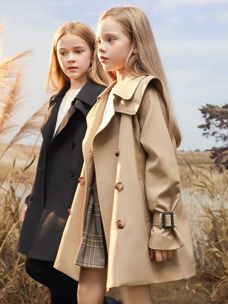 Kids Double Breasted Trench Coats with Plaid Skirt Belted Cuff