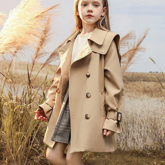 Kids Double Breasted Trench Coats with Plaid Skirt Belted Cuff
