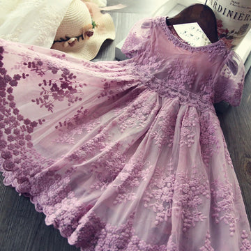 Toddler Girls Lavender Puffy Lace Floral Dress Short Sleeve Party Wear
