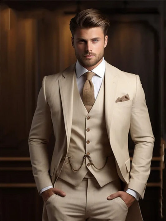 Elegante traje beige de 3 piezas para hombre para eventos formales con blazer, chaleco y pantalón: perfecto para bodas, reuniones de negocios y fiestas.