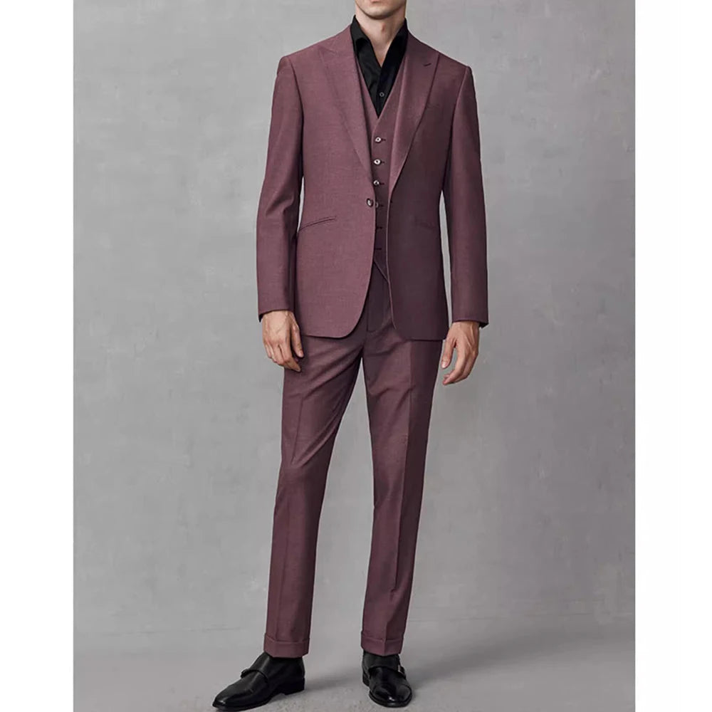 Traje de 3 piezas de moda con solapa de pico, color liso, para caballero, corte entallado, para negocios, informal, para fiesta de boda, esmoquin, blazer, chaleco y pantalones