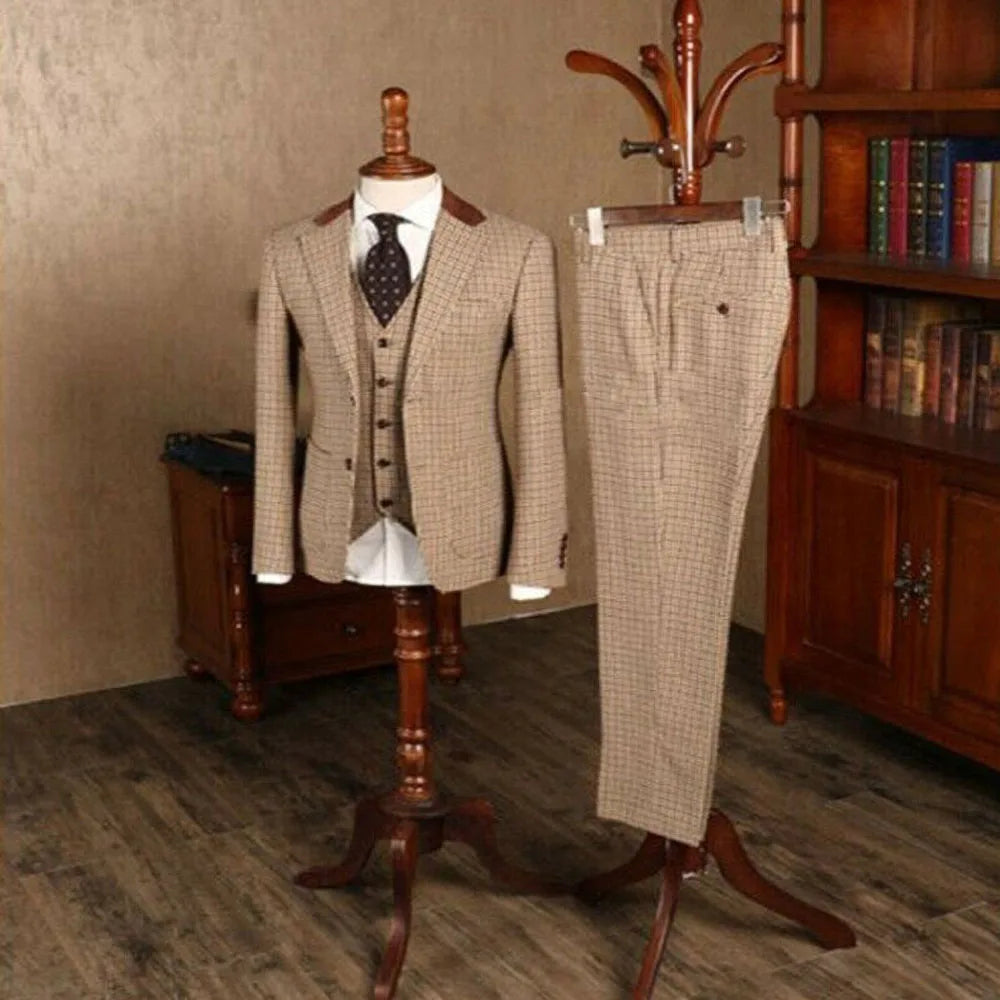 Trajes formales clásicos a cuadros de 3 piezas para hombre, corte entallado, para novio, boda, esmoquin, graduación, negocios, informal, chaqueta, chaleco y pantalones.