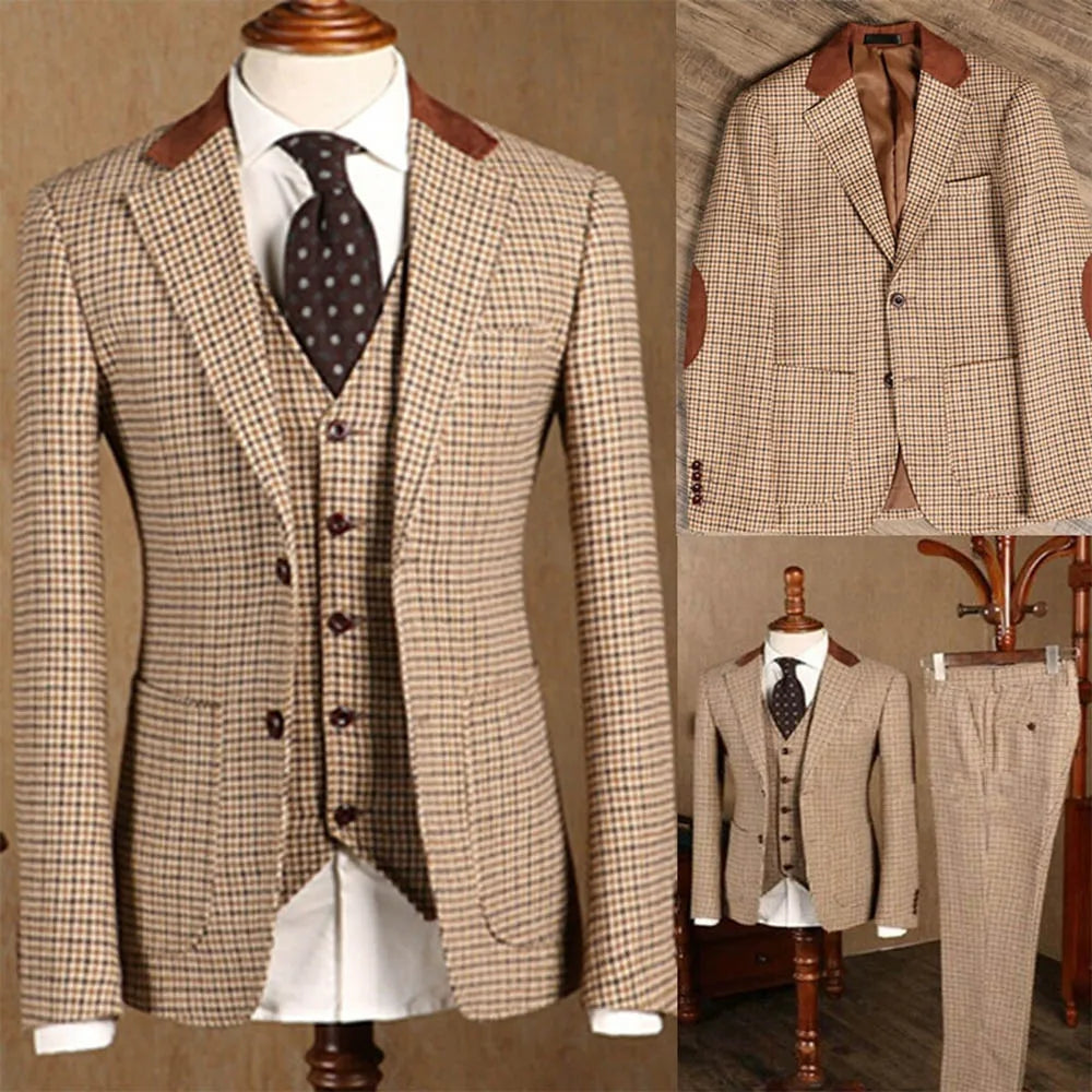 Trajes formales clásicos a cuadros de 3 piezas para hombre, corte entallado, para novio, boda, esmoquin, graduación, negocios, informal, chaqueta, chaleco y pantalones.