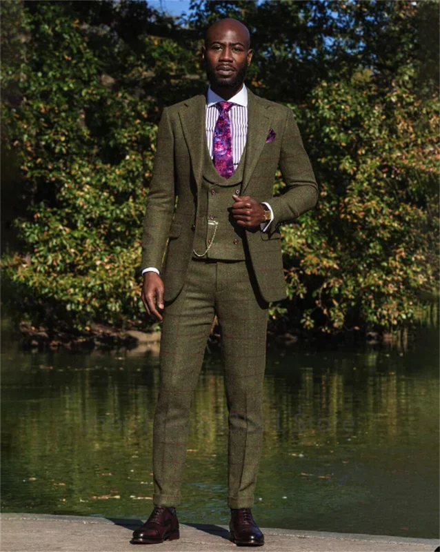 Trajes de 3 piezas para hombre, formales, de negocios, con solapa de muesca, para padrinos de boda, de lana a cuadros, para fiestas y bodas (blazer, chaleco y pantalón)