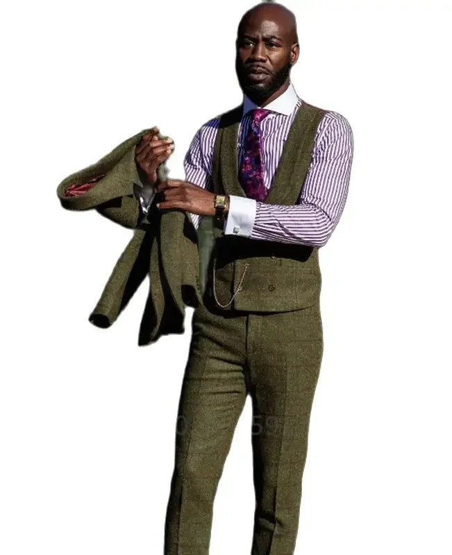 3 Piece Men's Suits Bussiness Formal Notch Lapel Groomsmen Woolen Plaid Tuxedos for Party Activities Wedding (Blazer+Vest+Pant)