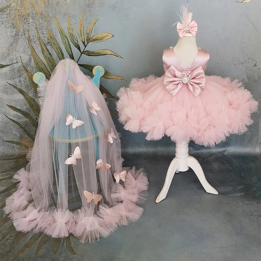 Robe de princesse en tulle rose à motif papillon pour fille, avec longue traîne et nœud