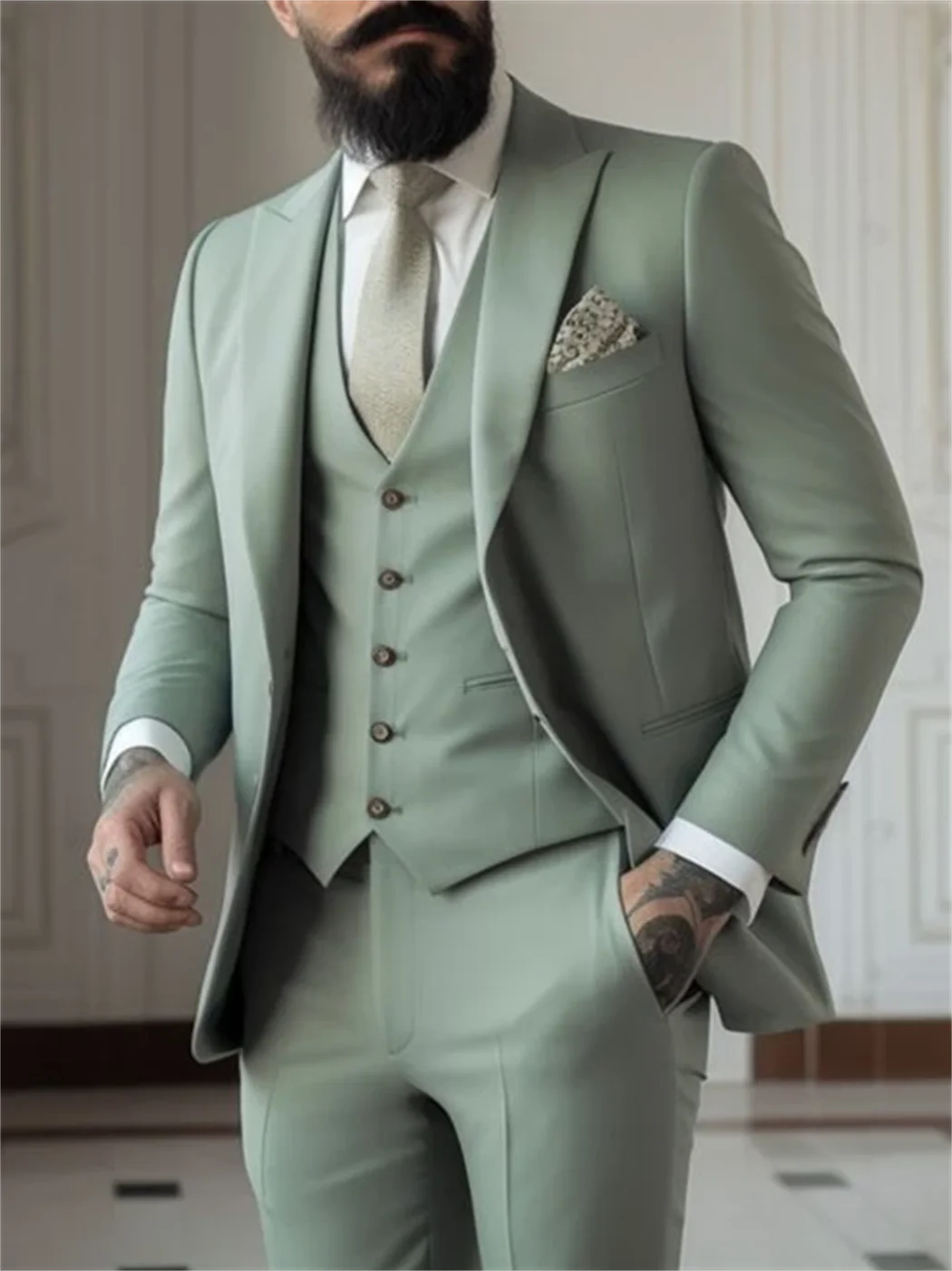 Elegant Sage Green Men's 3-Piece Slim Fit Suit Set - Jacket, Vest, and Pants for Weddings, Proms, and Formal Events